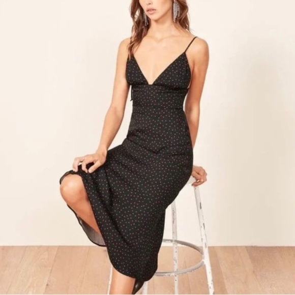 Reformation Talita Midi Dress Navy Blue and Red Tie Shoulders - Picture 3 of 15